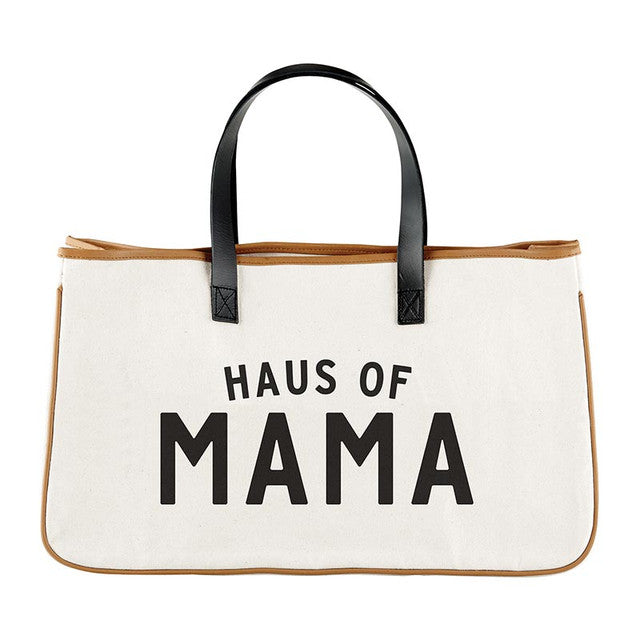 Haus of Mama Canvas Tote for moms with genuine leather handles, waterproof lining, and inside pocket. Stylish and practical tote bag.